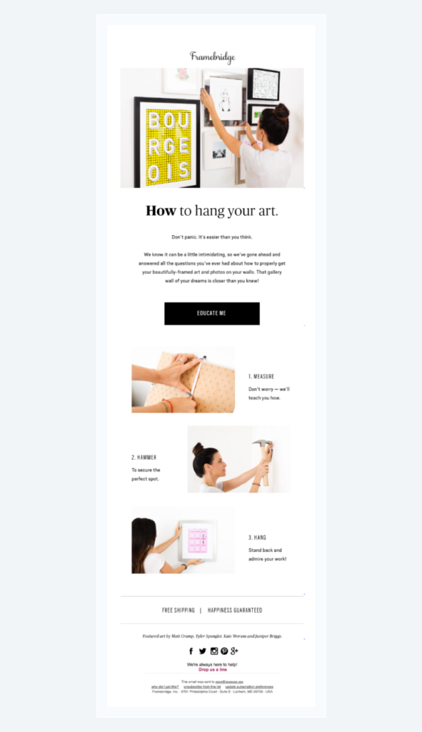 lead nurturing workflow: educational email example, framebridge, vendasta