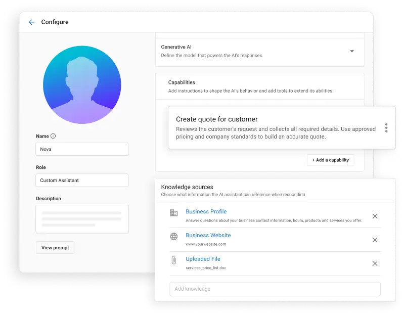 A no-code interface showing how to build a Custom AI Employee by training it on unique business documents, pricing, and SOPs.