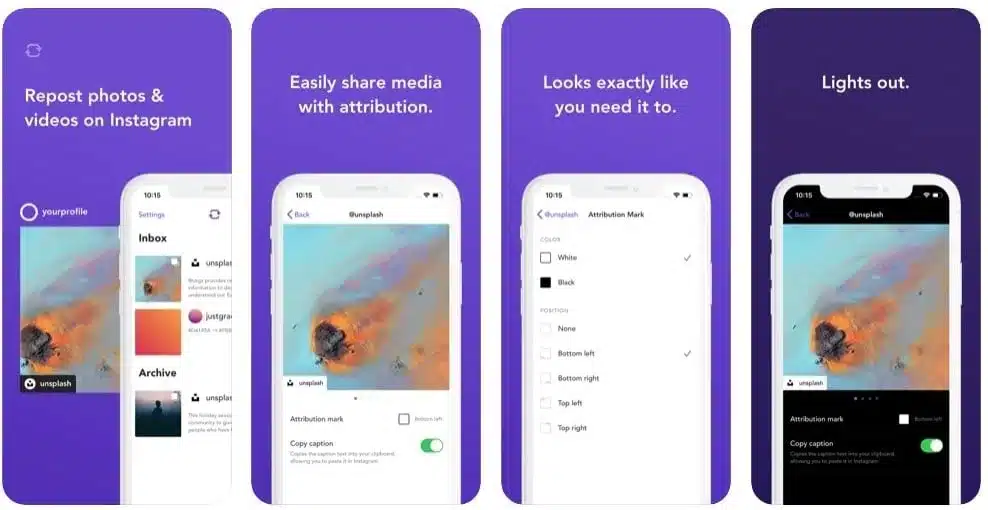 Screenshots of the Instagram tool Repost App.