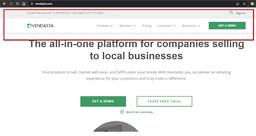 Vendasta navigation layout as an example of good website design tips