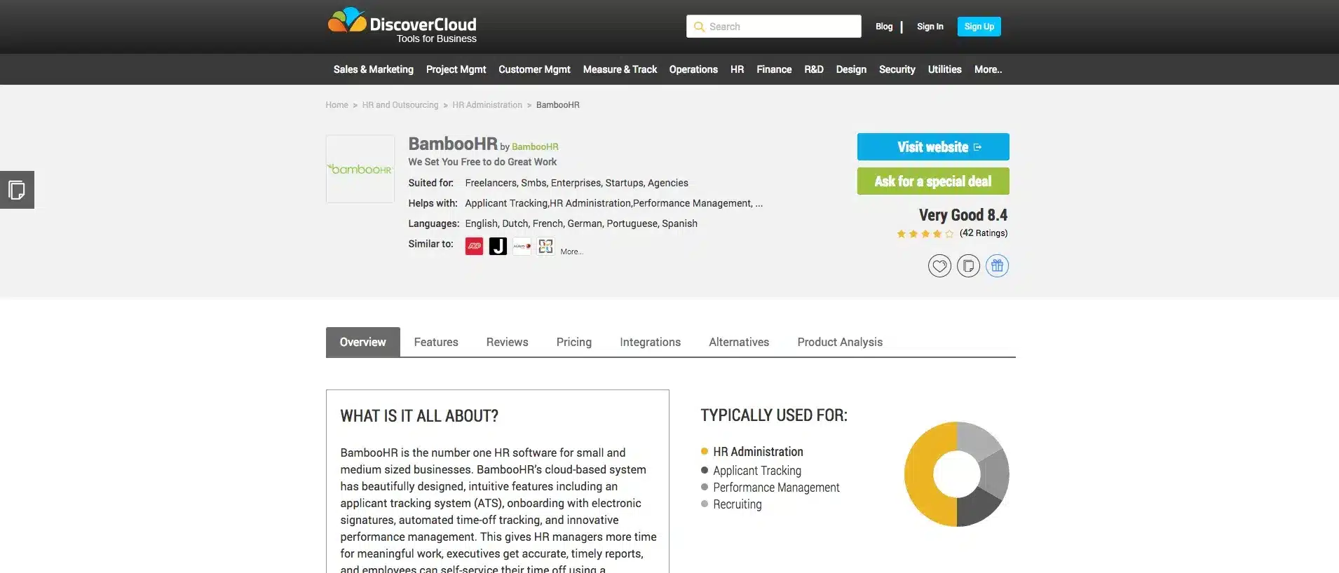 Screenshot of the DiscoverCloud interface showcasing the BambooHR review page.